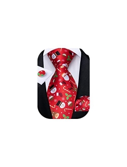 DiBanGu Christmas Ties for Men Holiday Theme Mens Tie and Pocket Square Cufflinks Set Silk Necktie