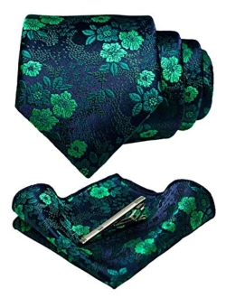 JEMYGINS Floral Necktie and Pocket Square Tie Clip Sets for Men