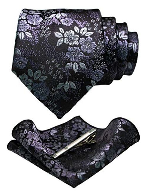 JEMYGINS Floral Necktie and Pocket Square Tie Clip Sets for Men