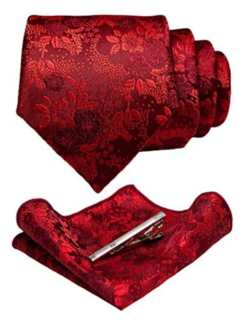 JEMYGINS Floral Necktie and Pocket Square Tie Clip Sets for Men