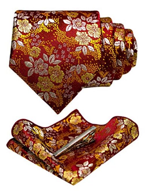 JEMYGINS Floral Necktie and Pocket Square Tie Clip Sets for Men