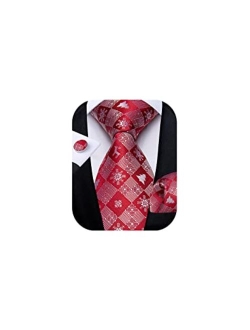 DiBanGu Christmas Ties for Men Holiday Silk Festival Tie and Pocket Square Cufflinks Set with Gift Box Party Xmas Necktie