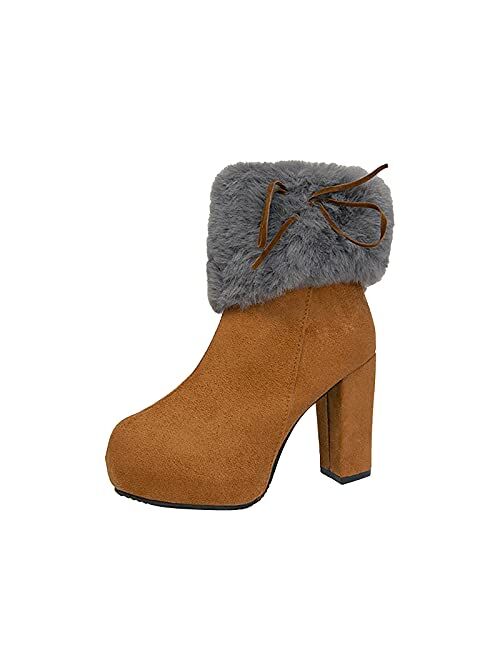 Adeliber New Womens Sexy Fashion High Heel Boots Christmas Winter Suede Thick Heel Ankle Booties Casual Side Zipper Keep Warm Comfortable Platform Work Boots Womens Short