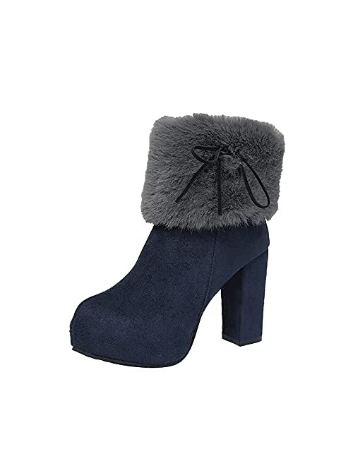 Adeliber New Womens Sexy Fashion High Heel Boots Christmas Winter Suede Thick Heel Ankle Booties Casual Side Zipper Keep Warm Comfortable Platform Work Boots Womens Short