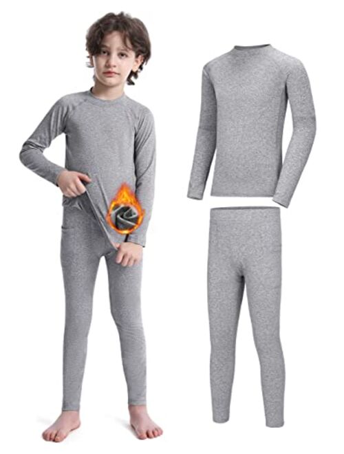 Roadbox Boys Thermal Underwear Sets - Ultra Soft FLeece Lined Long Johns Base Layer Top and Bottoms with Pockets