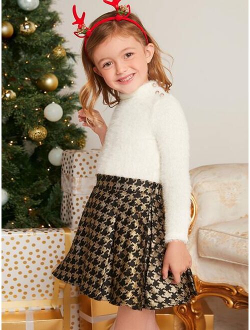 SHEIN Toddler Girls 1set Fuzzy Mock Neck Top & Houndstooth Print Skirt