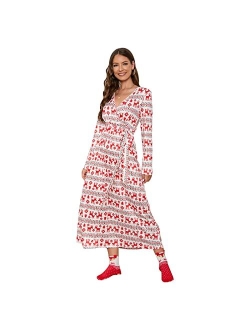 Woedpez Womens Christmas Long Sleeve Casual A-Line Midi Dress Cute Reindeer Striped Printed Wrap V-Neck Belted Party Dresses