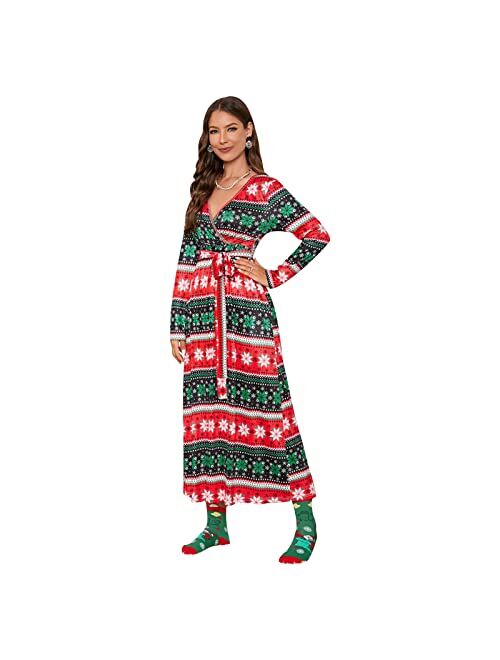 Woedpez Womens Christmas Long Sleeve Casual A-Line Midi Dress Cute Reindeer Striped Printed Wrap V-Neck Belted Party Dresses