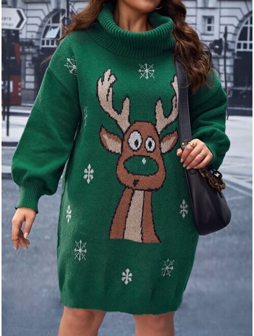 Shein Plus Ugly Christmas Pattern Funnel Neck Drop Shoulder Sweater Dress