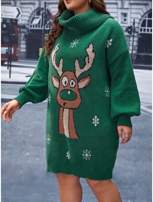 Shein Plus Ugly Christmas Pattern Funnel Neck Drop Shoulder Sweater Dress