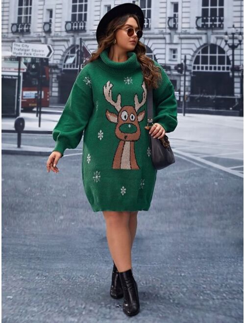 Shein Plus Ugly Christmas Pattern Funnel Neck Drop Shoulder Sweater Dress