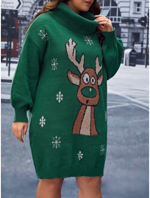 Shein Plus Ugly Christmas Pattern Funnel Neck Drop Shoulder Sweater Dress