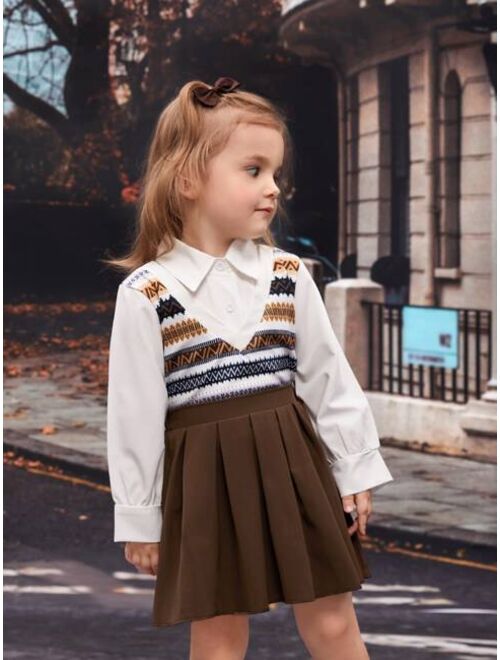 Shein Toddler Girls Chevron Print 2 In 1 Shirt & Pleated Skirt