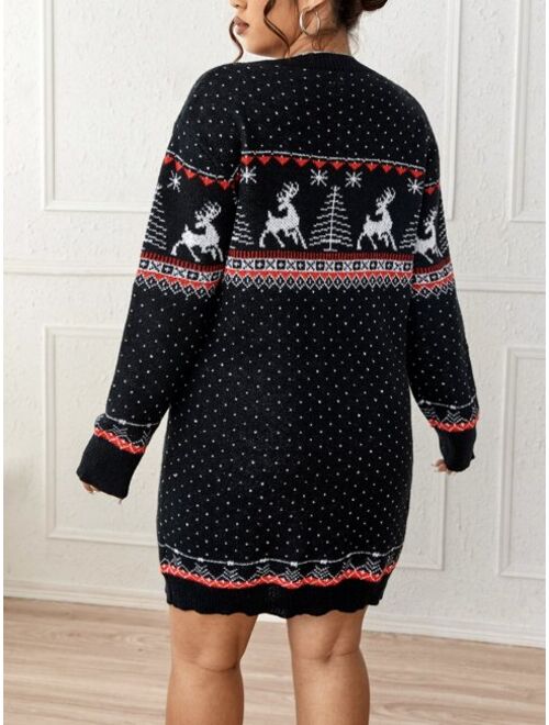 Shein Plus Deer & Tree Pattern Drop Shoulder Sweater Dress