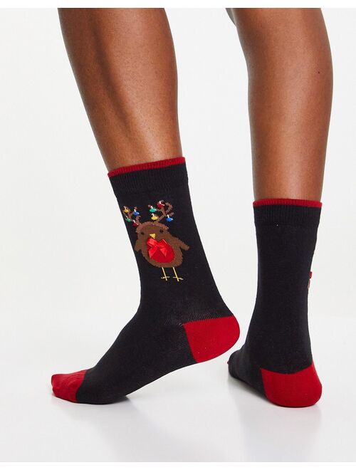 Pretty Polly Christmas robin socks in black and red