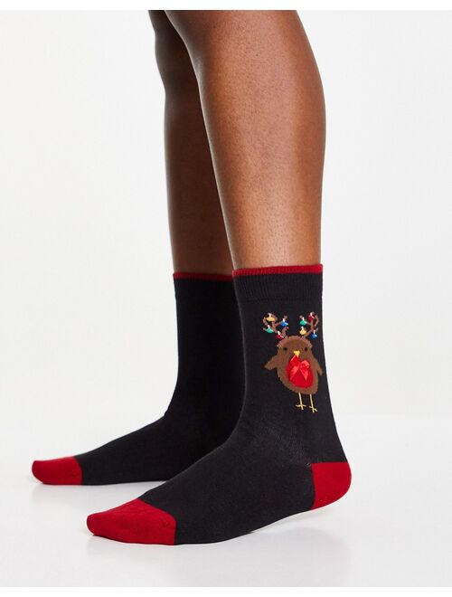 Pretty Polly Christmas robin socks in black and red