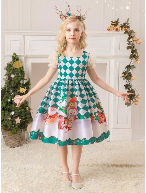 Shein Girls Argyle & Christmas Print Flounce Sleeve Bow Back Party Dress