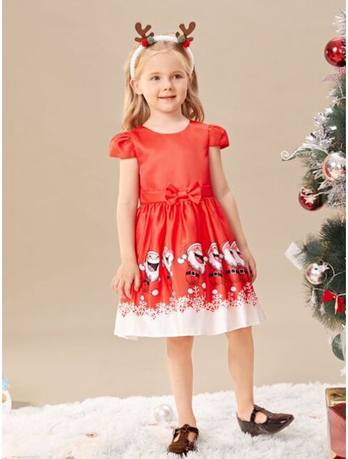 SHEIN Toddler Girls Christmas Santa Claus Print Bow Front Gown Dress