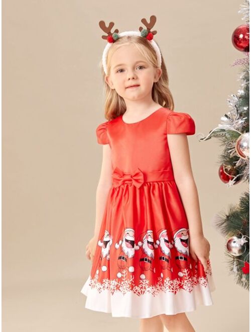 SHEIN Toddler Girls Christmas Santa Claus Print Bow Front Gown Dress