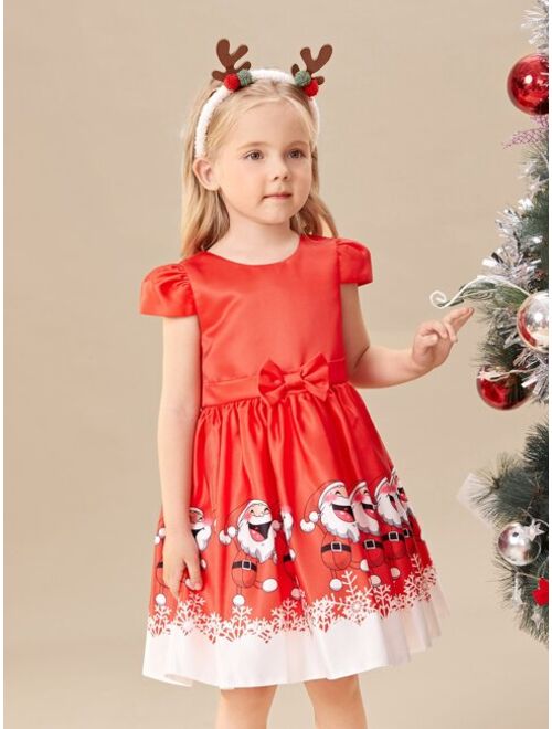 SHEIN Toddler Girls Christmas Santa Claus Print Bow Front Gown Dress