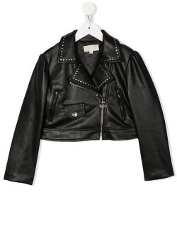 Kids studded faux-fur biker jacket