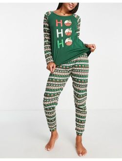 Brave Soul ho ho ho fairisle christmas pudding pajama set in green