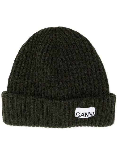 GANNI logo-patch ribbed-knit beanie