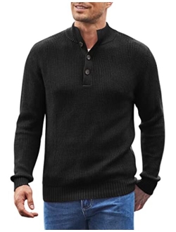 Men Stand Collar Sweater Knit Henley Long Sleeve Quarter Button Pullover