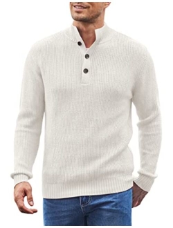 Men Stand Collar Sweater Knit Henley Long Sleeve Quarter Button Pullover