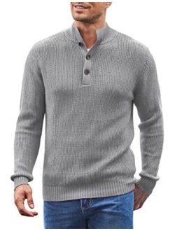 Men Stand Collar Sweater Knit Henley Long Sleeve Quarter Button Pullover