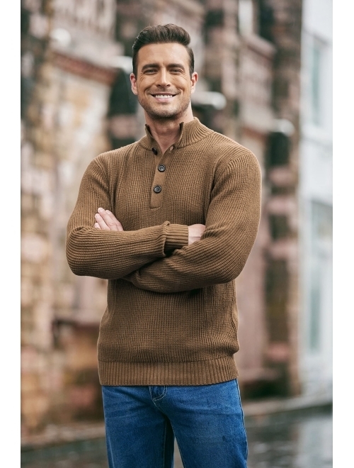 COOFANDY Men Stand Collar Sweater Knit Henley Long Sleeve Quarter Button Pullover