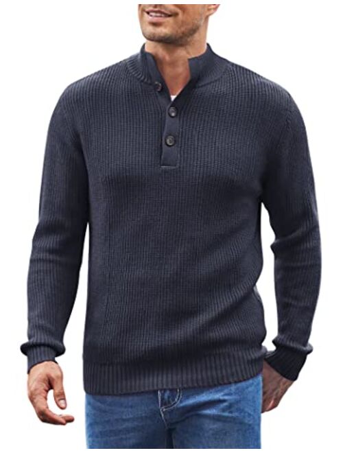 COOFANDY Men Stand Collar Sweater Knit Henley Long Sleeve Quarter Button Pullover