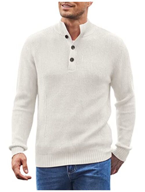 COOFANDY Men Stand Collar Sweater Knit Henley Long Sleeve Quarter Button Pullover