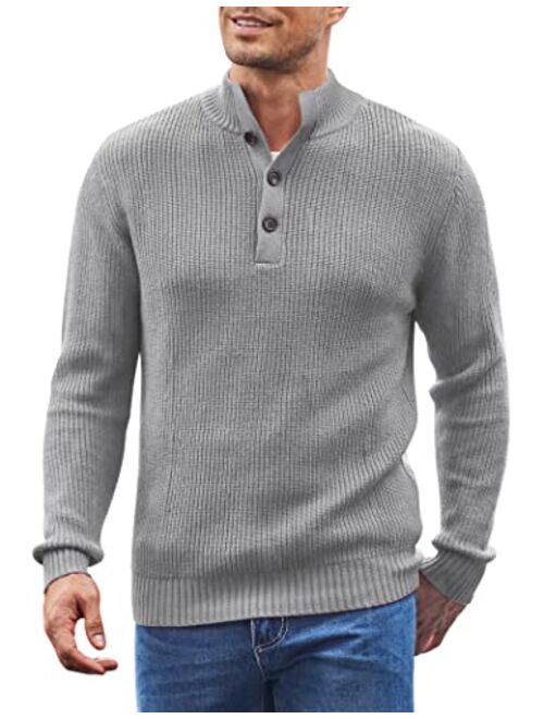 COOFANDY Men Stand Collar Sweater Knit Henley Long Sleeve Quarter Button Pullover