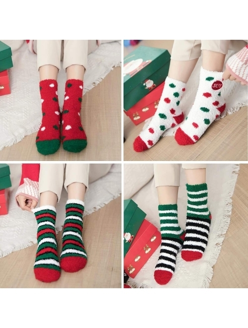 Christmas Fuzzy Socks COSYOO 6 Pairs Cute Coral Fleece Warm Cozy Socks Holiday Slipper Socks XMAS Fluffy Crew Socks for Women GirlS