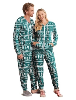 Christmas FamilyMatchingPajamas Hooded Zipper Onesies LongSleeve Couple One Piece Sleepwear with Pockets S-XXL