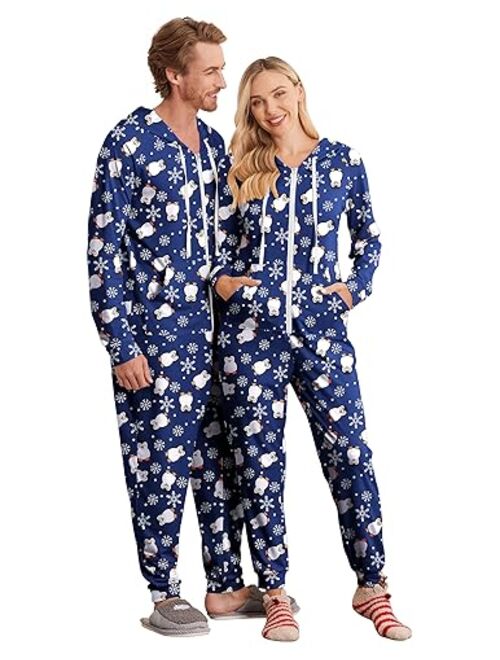 Ekouaer Christmas FamilyMatchingPajamas Hooded Zipper Onesies LongSleeve Couple One Piece Sleepwear with Pockets S-XXL