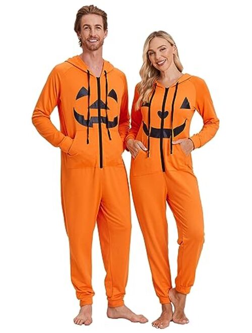 Ekouaer Christmas FamilyMatchingPajamas Hooded Zipper Onesies LongSleeve Couple One Piece Sleepwear with Pockets S-XXL