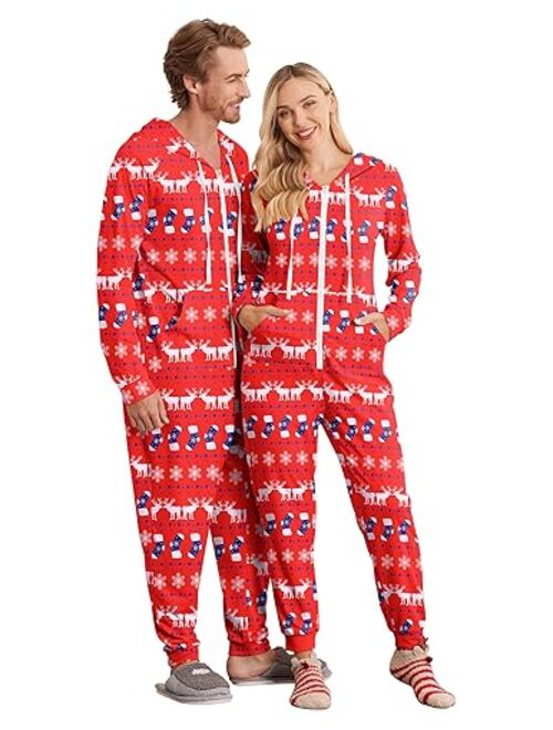 Ekouaer Christmas FamilyMatchingPajamas Hooded Zipper Onesies LongSleeve Couple One Piece Sleepwear with Pockets S-XXL