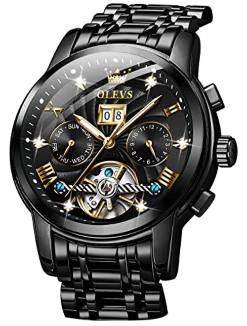 OLEVS Automatic Watches for Men Diamond Skeleton Mechanical Tourbillon Self Winding Luxury Dress Wrist Watches Calendar Luminous Waterproof