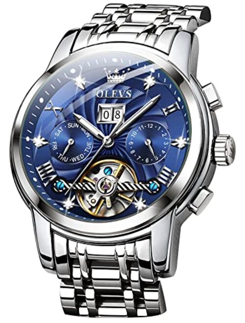 OLEVS Automatic Watches for Men Diamond Skeleton Mechanical Tourbillon Self Winding Luxury Dress Wrist Watches Calendar Luminous Waterproof