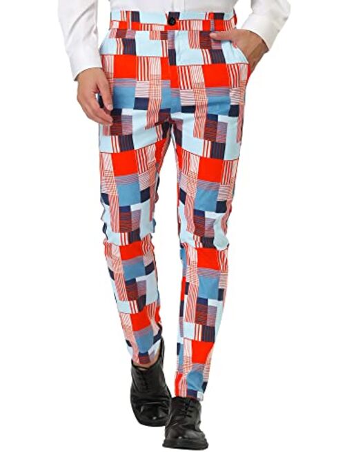 Lars Amadeus Men's Casual Geometric Printed Color Block Flat Front Dress Pants