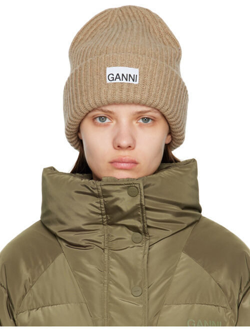 GANNI Beige Rib Beanie