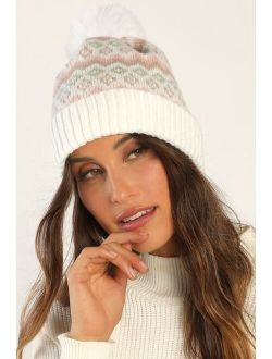 Wonderful Wishes Ivory Multi Pom Pom Knit Beanie