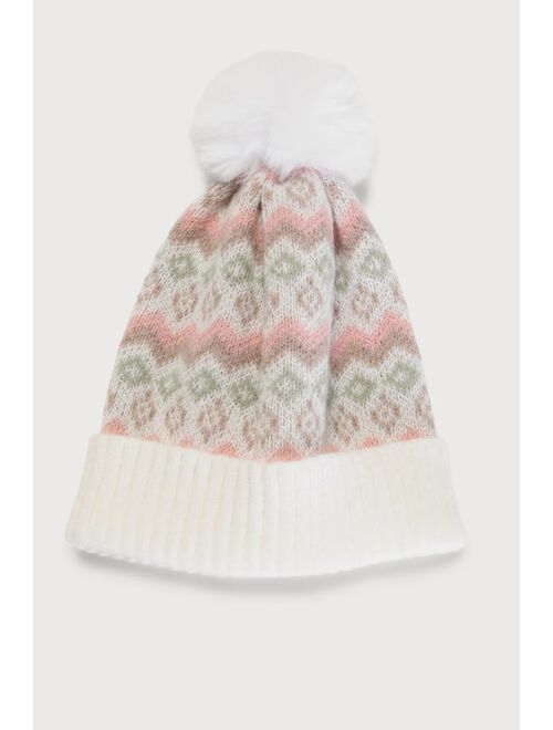 Lulus Wonderful Wishes Ivory Multi Pom Pom Knit Beanie