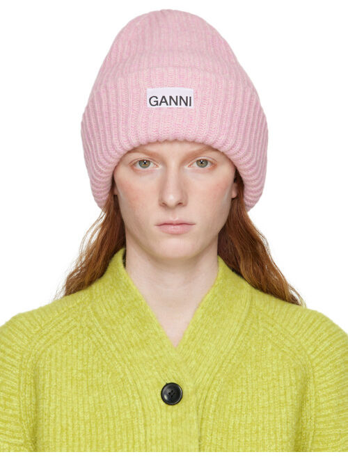 GANNI Pink Ribbed Beanie