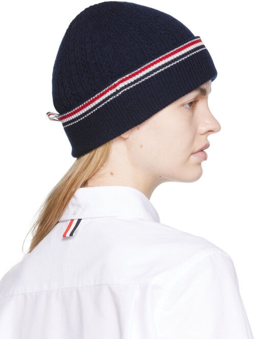 Thom Browne Navy Pointelle Beanie