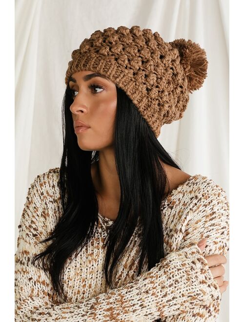 Lulus Graham Light Brown Popcorn Knit Pom Pom Beanie