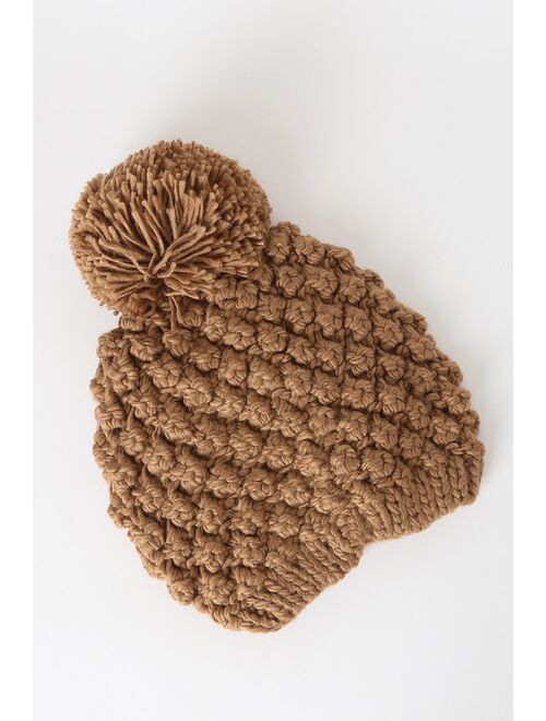 Lulus Graham Light Brown Popcorn Knit Pom Pom Beanie