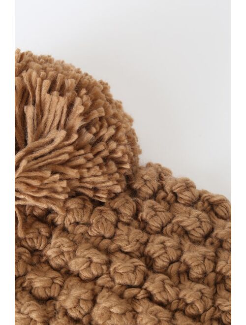 Lulus Graham Light Brown Popcorn Knit Pom Pom Beanie